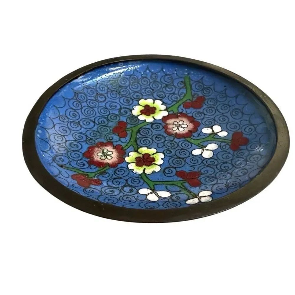 Antique Vintage Chinese Cloisonne Brass Enamel Floral Small trinket  Dish